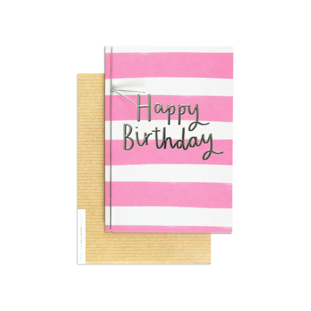 Pink Striped Blank Birthday Card